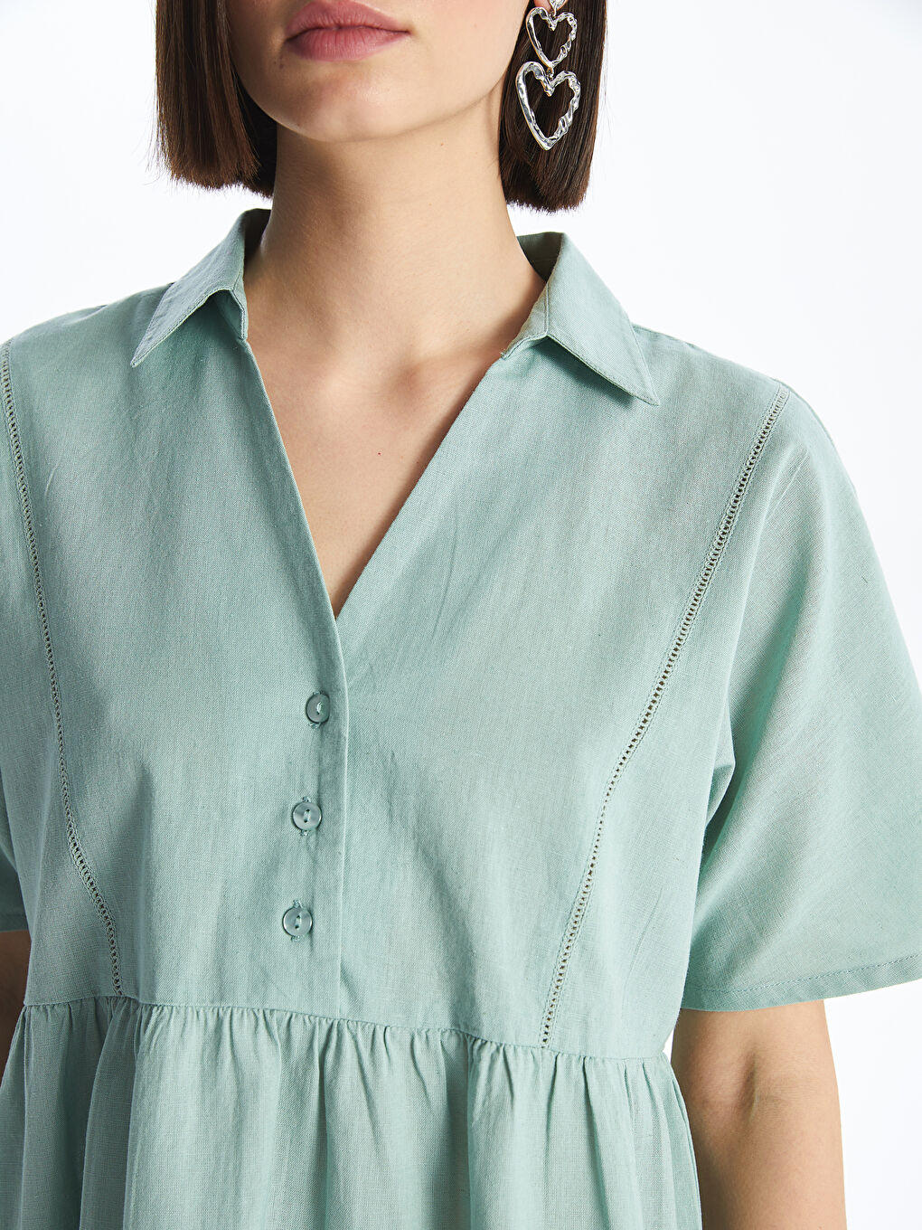 Платье из льняной смеси с отложным воротником, однотонное, с коротким рукавом для женщин-3