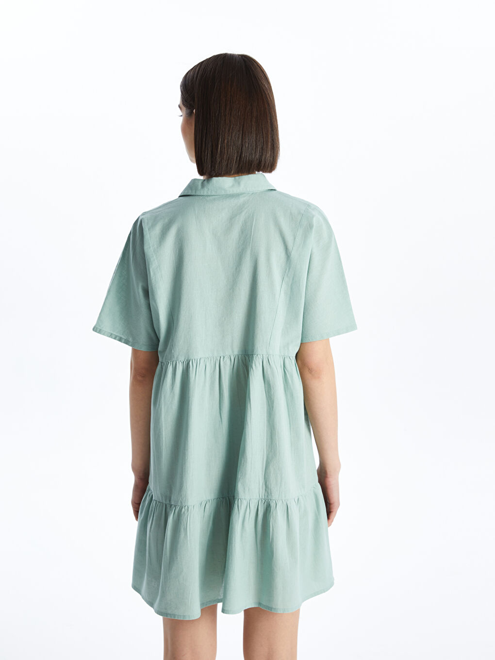 Платье из льняной смеси с отложным воротником, однотонное, с коротким рукавом для женщин-4