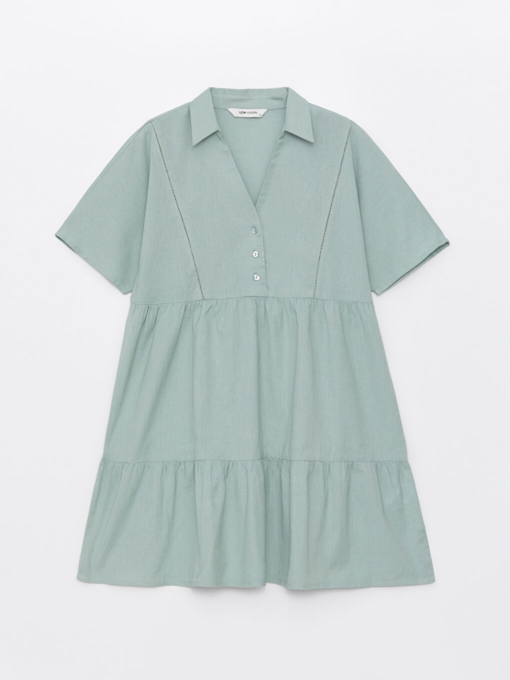 Платье из льняной смеси с отложным воротником, однотонное, с коротким рукавом для женщин-5