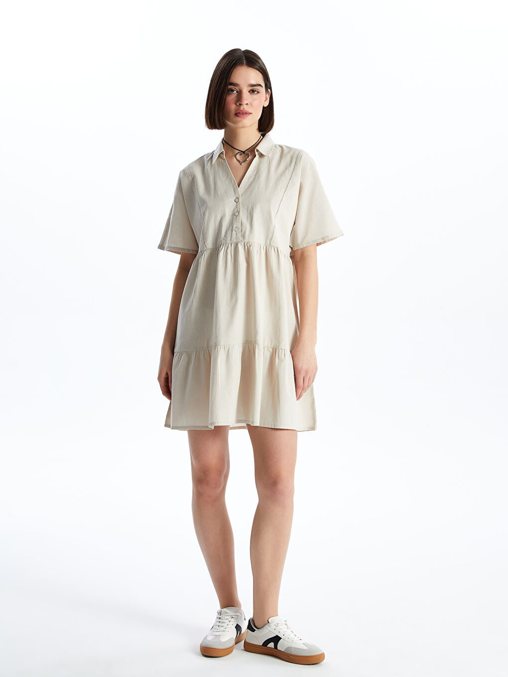 Collared Neck Plain Short Sleeve Linen Blend Women's Dress -S4GL27Z8-SGG