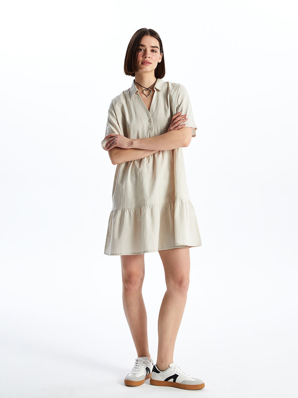Collared Neck Plain Short Sleeve Linen Blend Women's Dress -S4GL27Z8-SGG