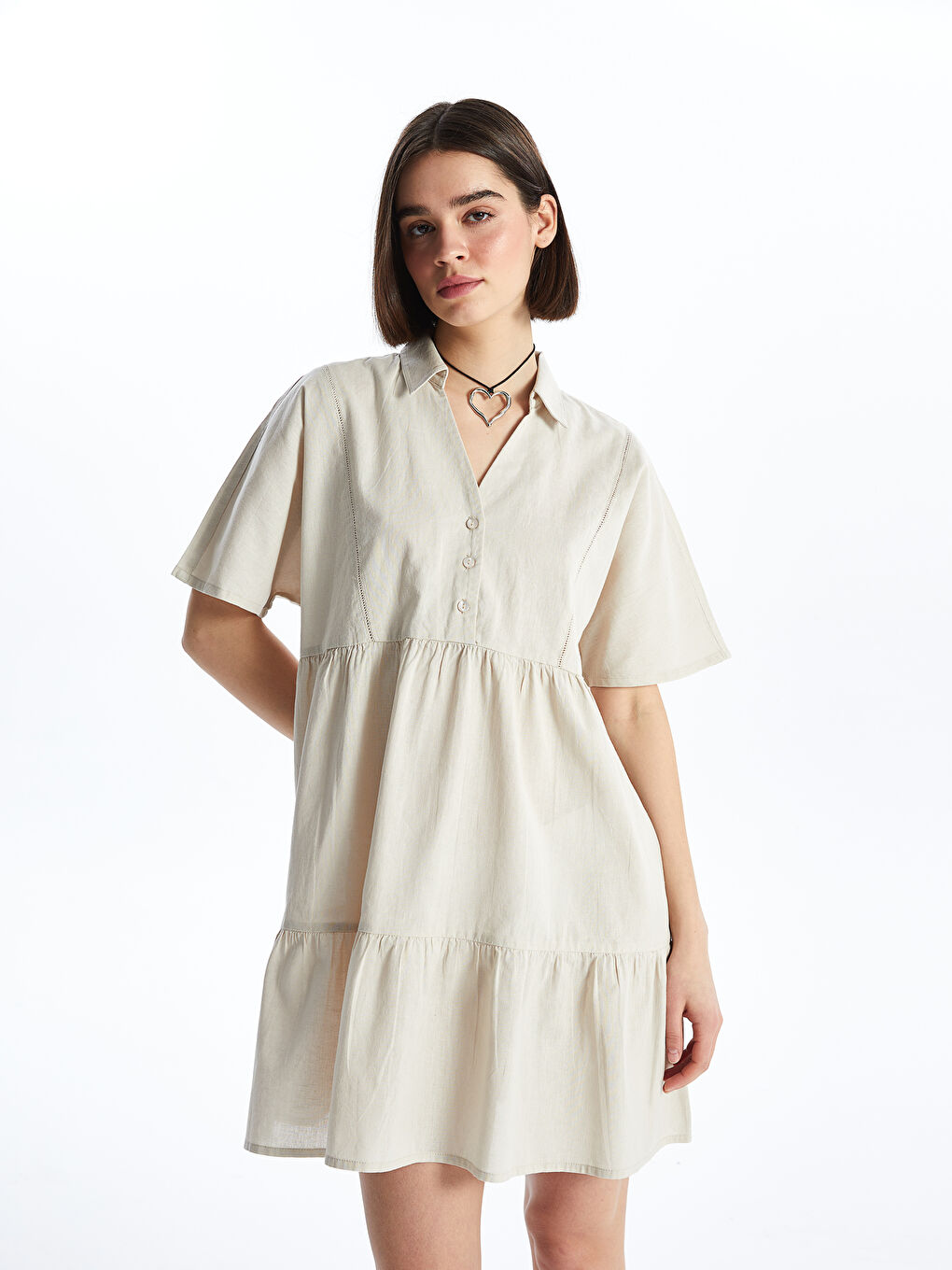 Collared Neck Plain Short Sleeve Linen Blend Women's Dress -S4GL27Z8-SGG