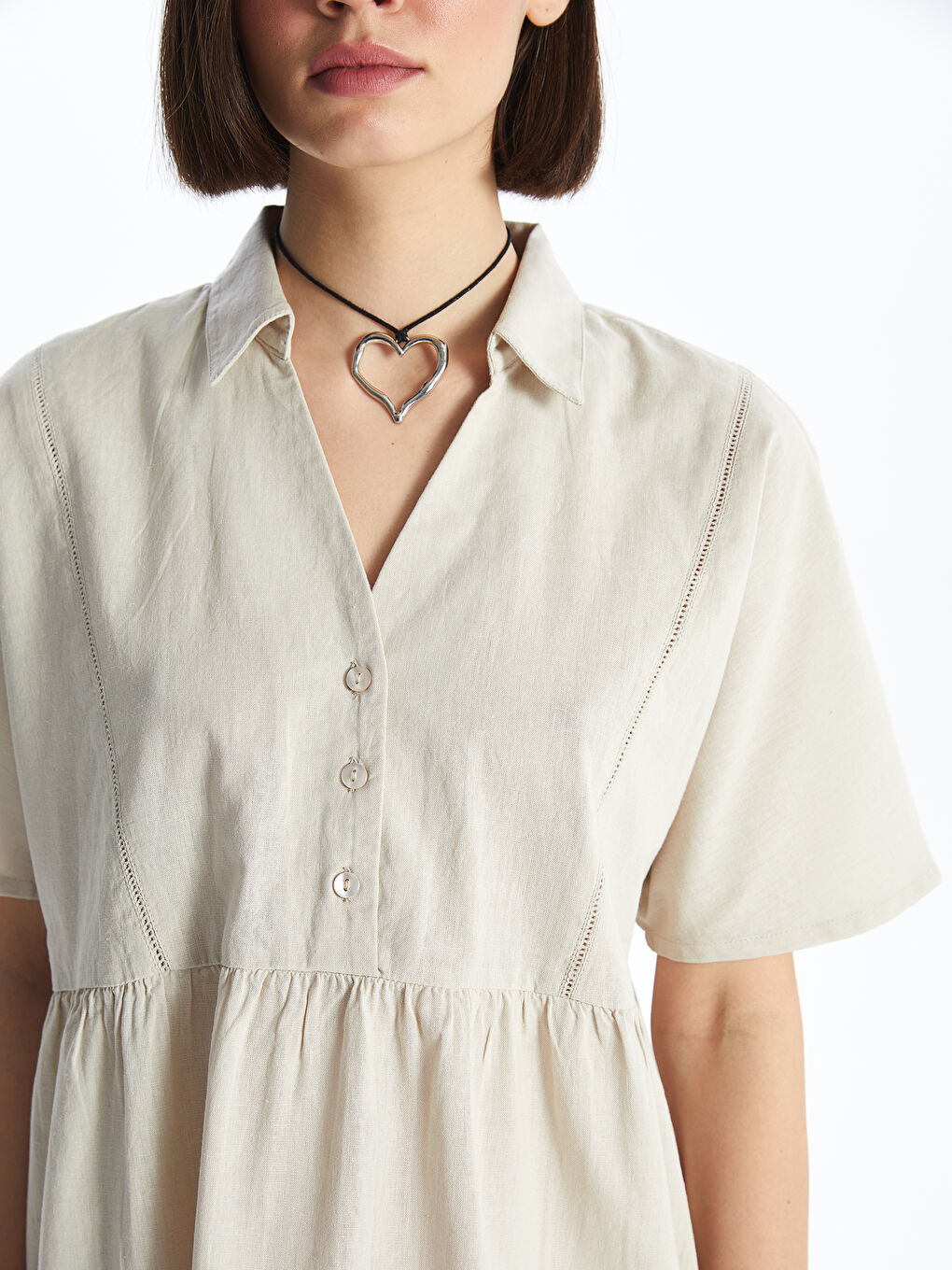 Collared Neck Plain Short Sleeve Linen Blend Women's Dress -S4GL27Z8-SGG