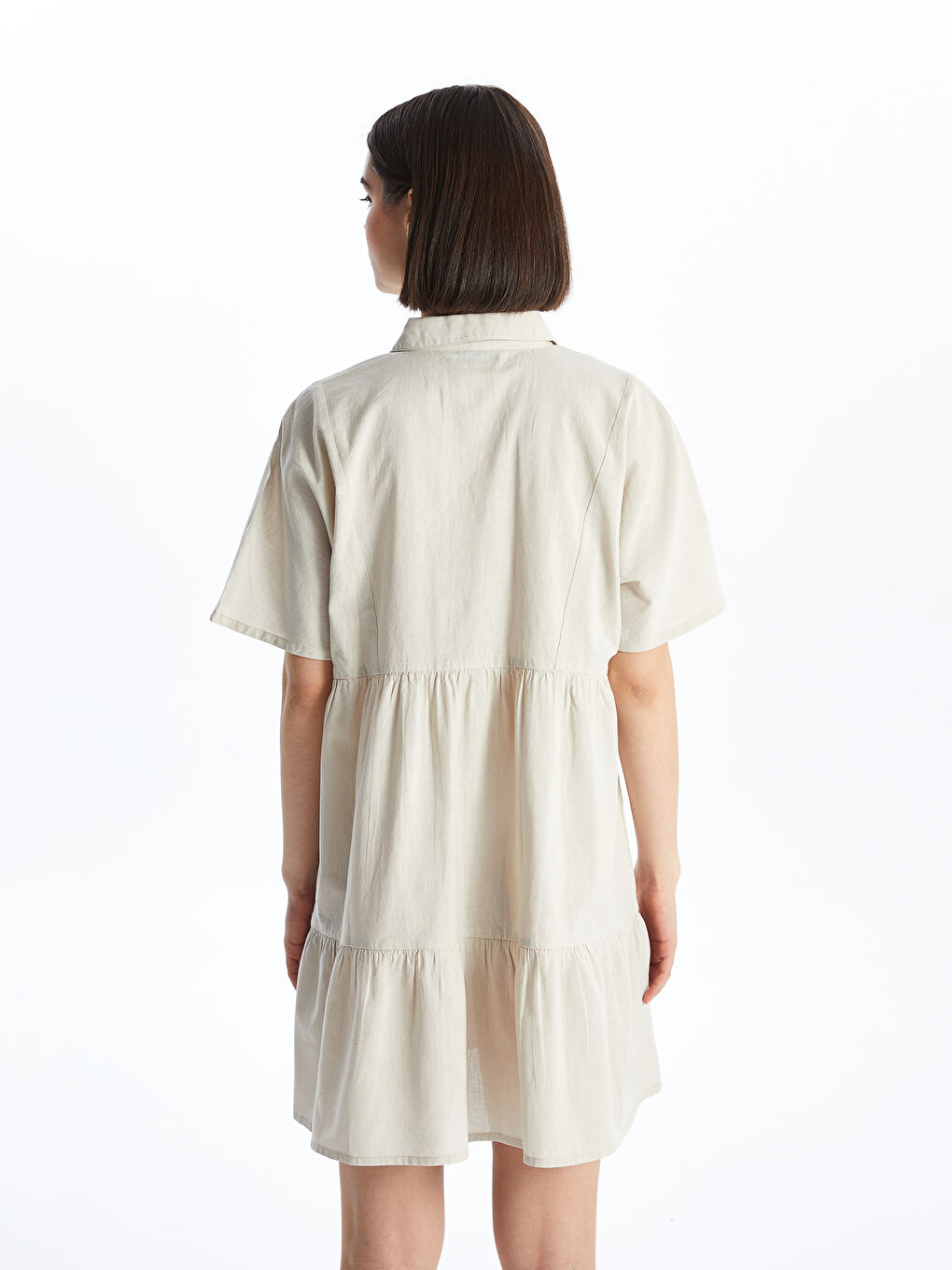 Collared Neck Plain Short Sleeve Linen Blend Women's Dress -S4GL27Z8-SGG