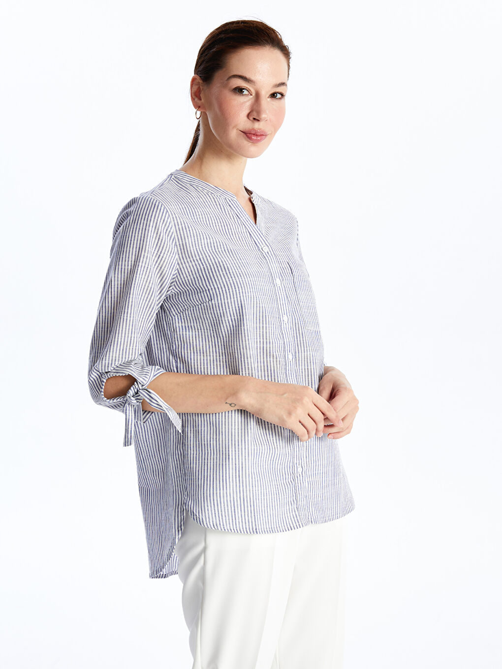 Chemise Rayée à Encolure en V échancré pour Femmes-1