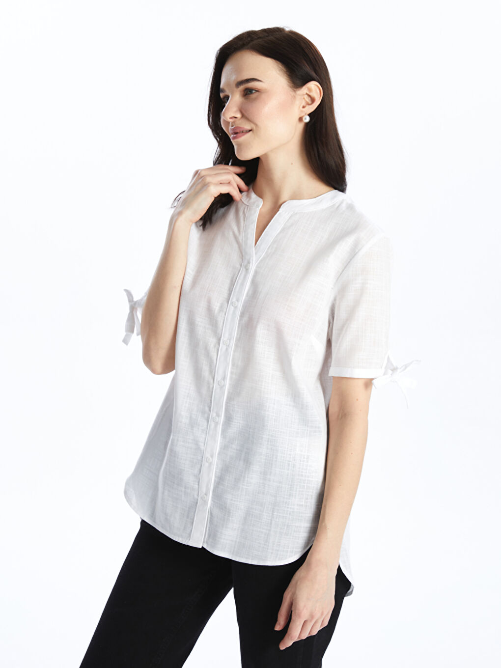 Notch Neck Plain Short Sleeve Women's Shirt -S4GL47Z8-EEW