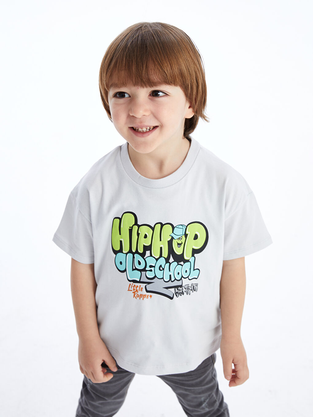 LCW Kids Gri Bisiklet Yaka Baskılı Erkek Bebek Tişört