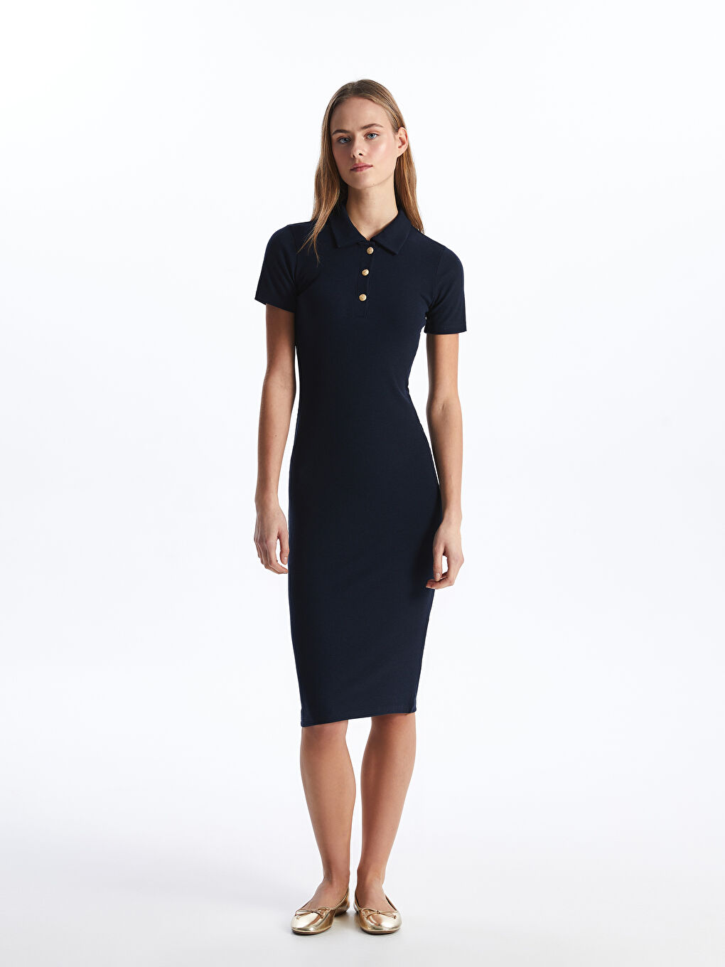 Lacivert Gömlek Yaka Düz Kısa Kollu Elbise
