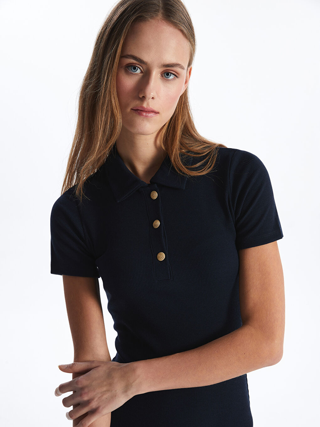 Lacivert Gömlek Yaka Düz Kısa Kollu Elbise-1