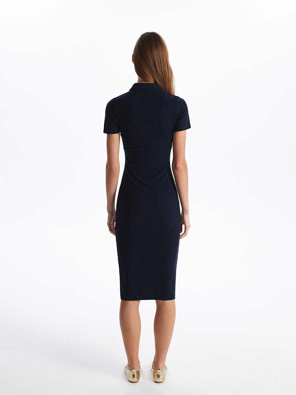 Lacivert Gömlek Yaka Düz Kısa Kollu Elbise-3
