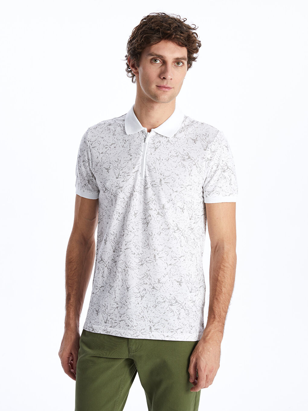 Beyaz Polo Yaka Kısa Kollu Desenli Pike Erkek Tişört