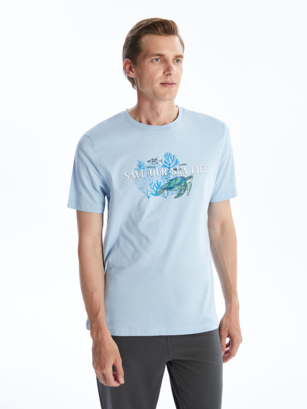 Mavi Bisiklet Yaka Kısa Kollu Baskılı Penye Erkek Tişört