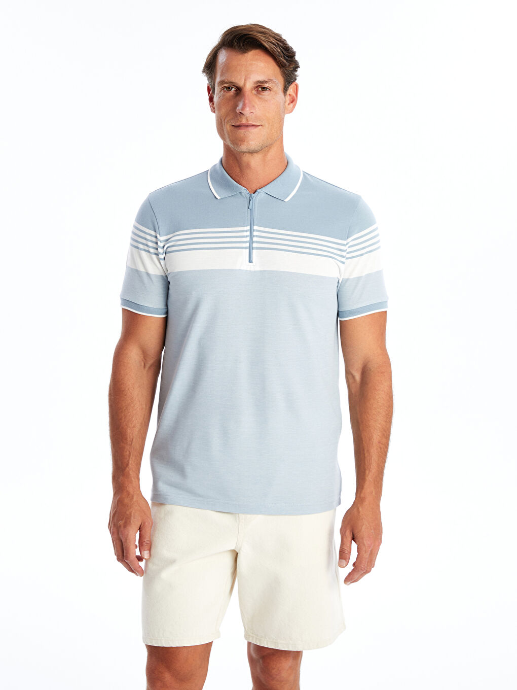 Polo Neck Short Sleeve Striped Pique Men's T-Shirt -S4GO07Z8-LEN