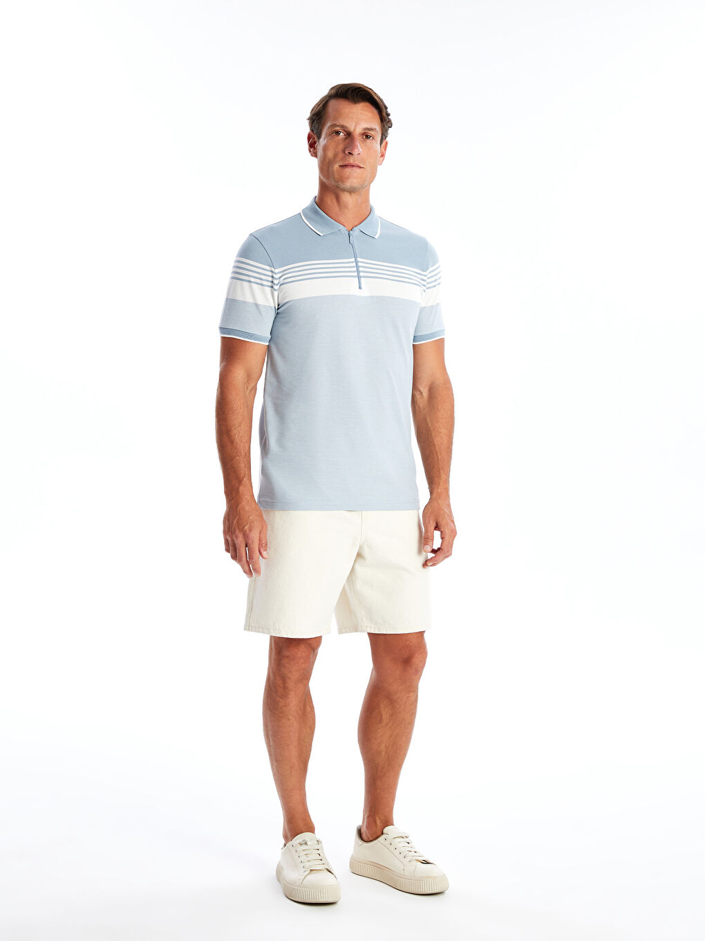 Polo Neck Short Sleeve Striped Pique Men's T-Shirt -S4GO07Z8-LEN