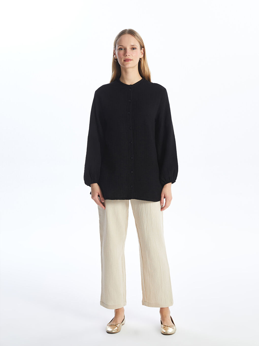 تونيك قميص نسائي بوبلين سادة بياقة الجد-2