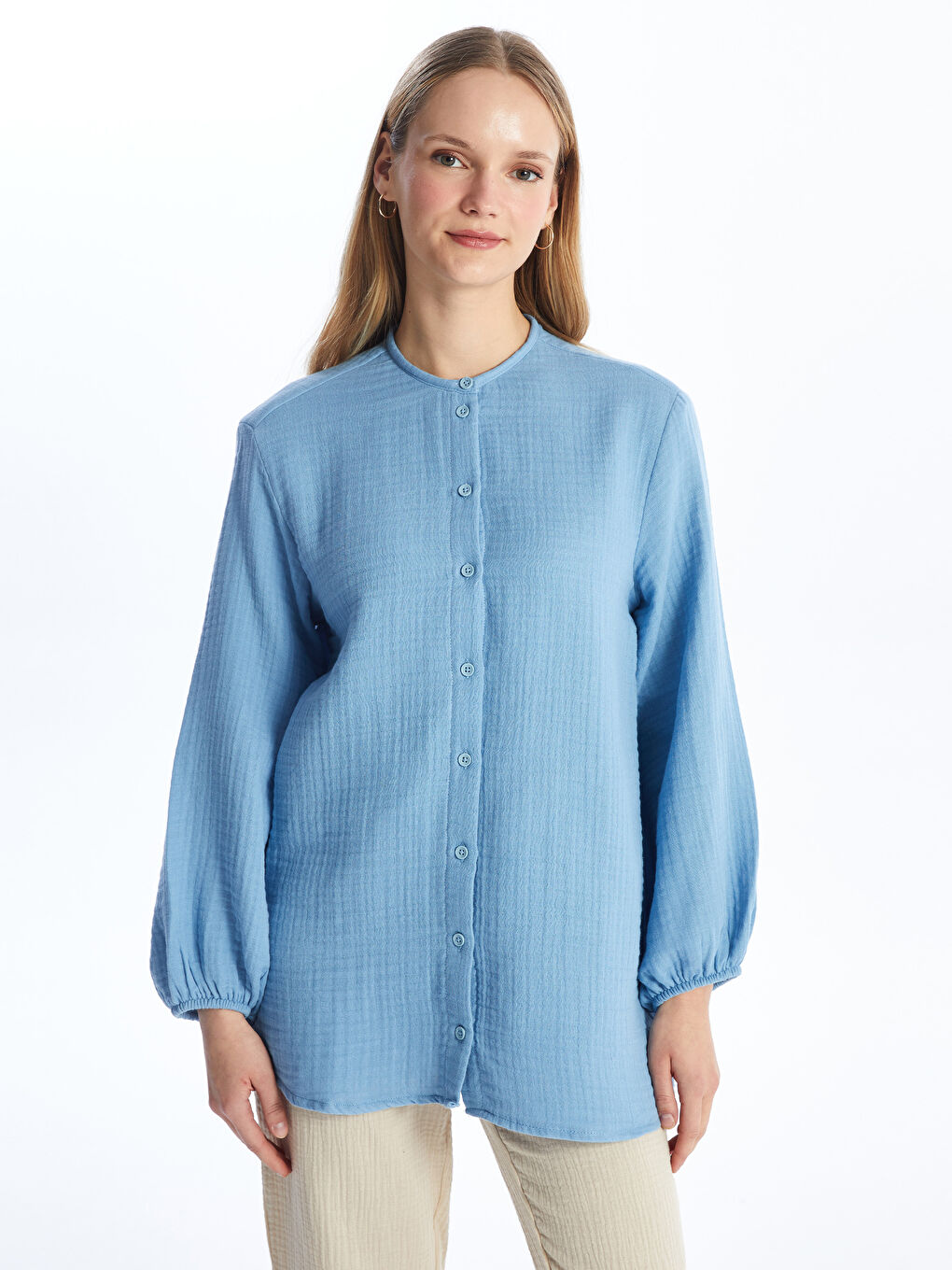 Grandad Collar Plain Poplin Women's Shirt Tunic