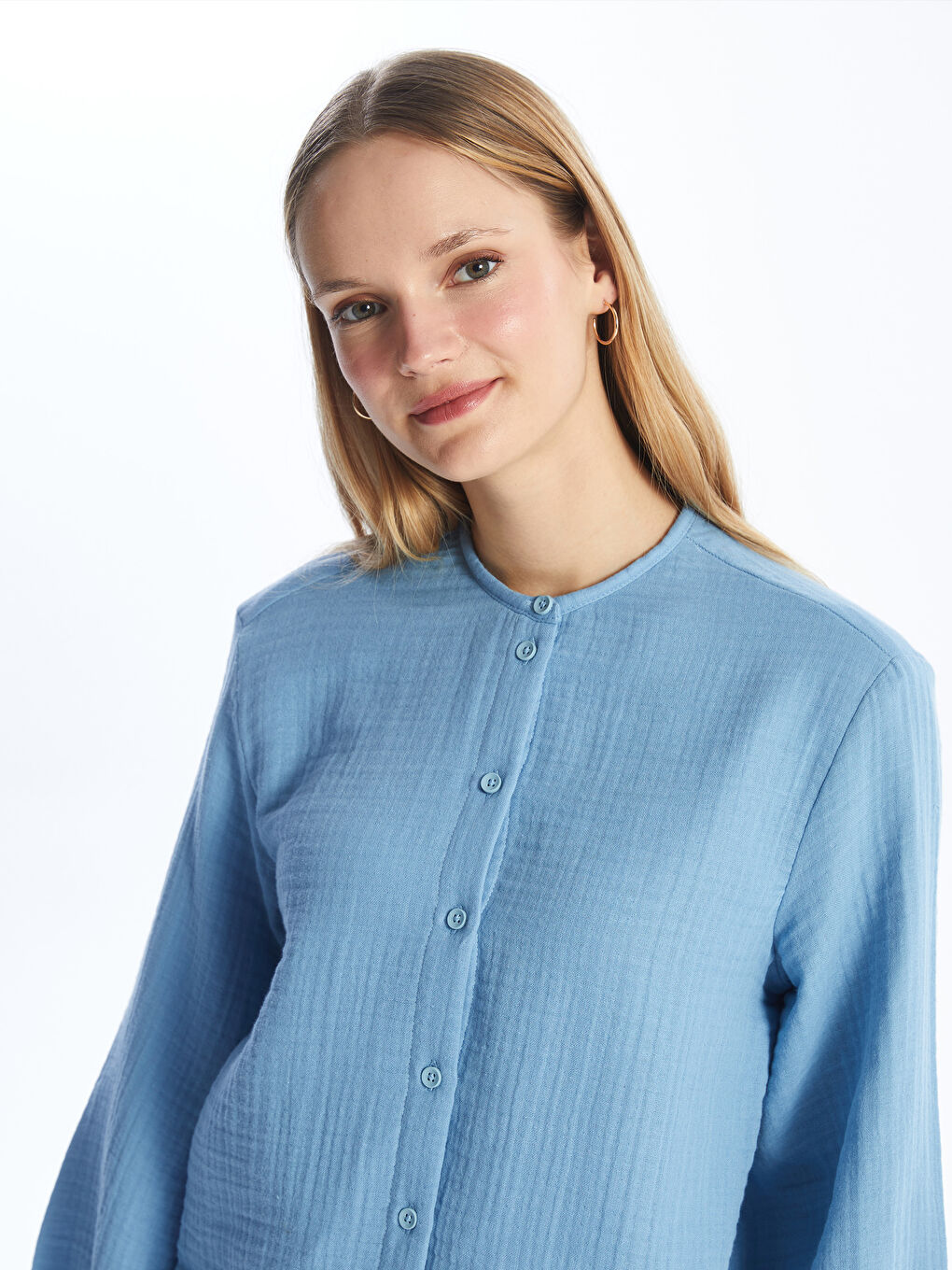 Grandad Collar Plain Poplin Women's Shirt Tunic-1