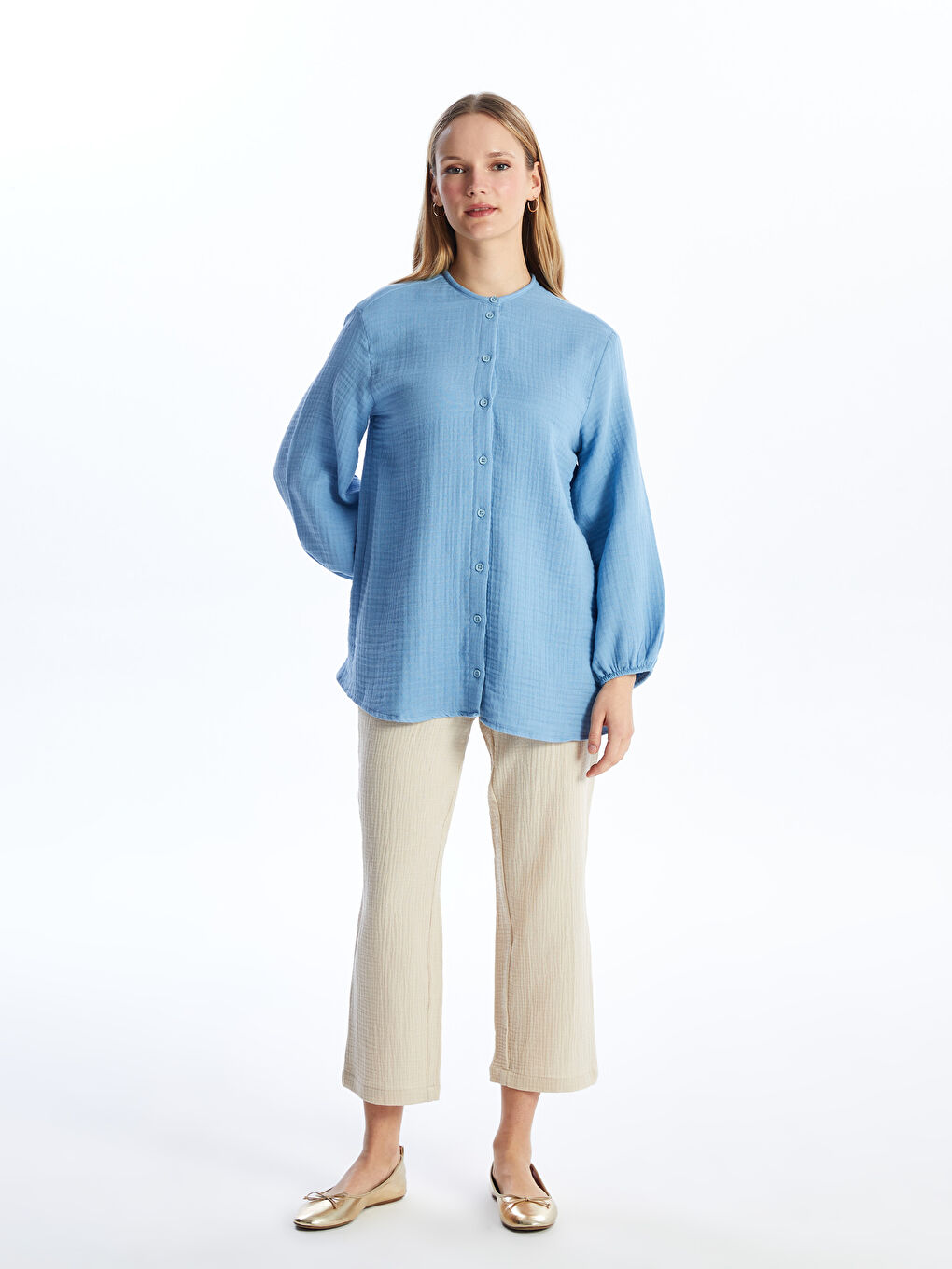Grandad Collar Plain Poplin Women's Shirt Tunic-2