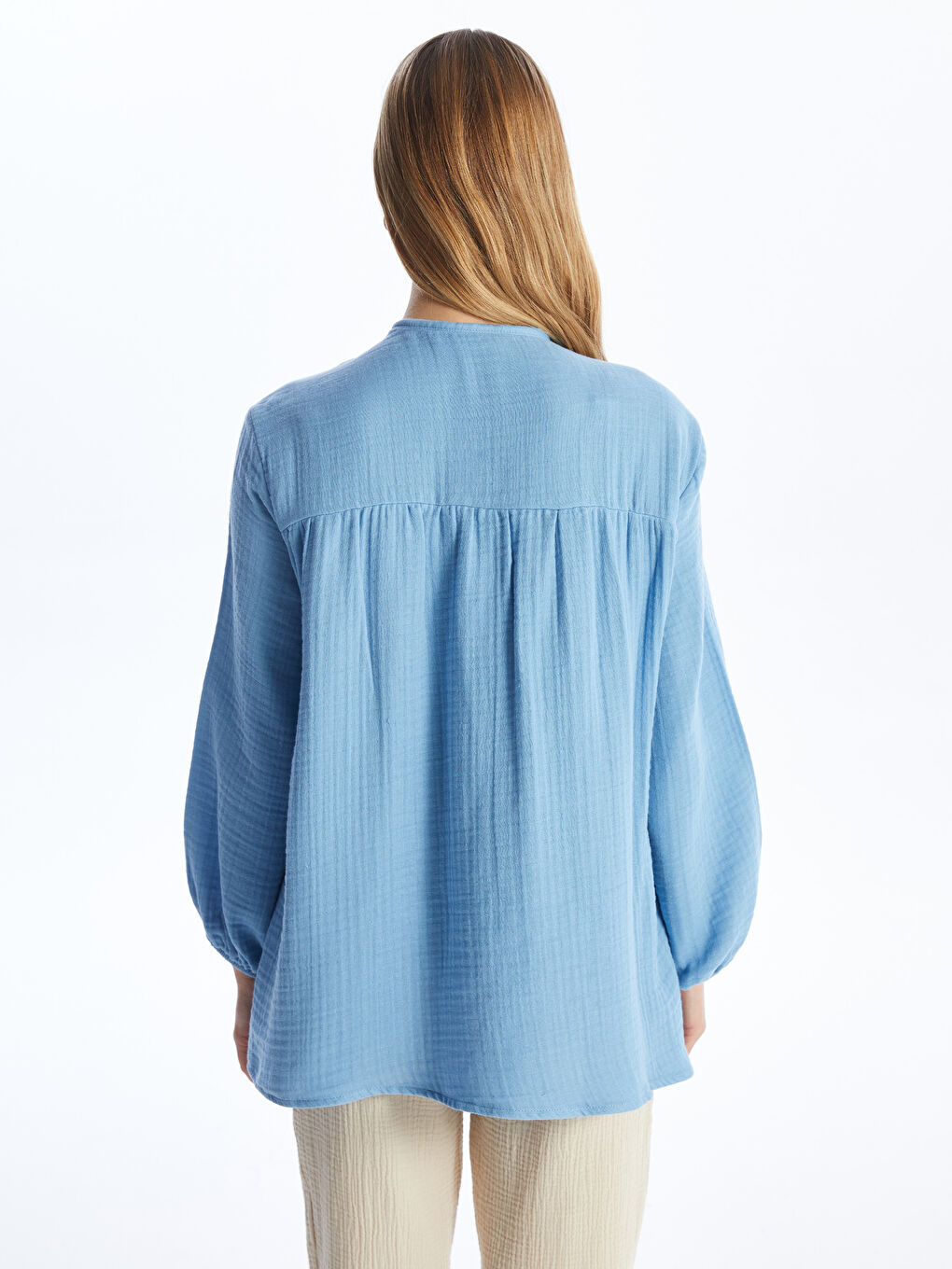 Grandad Collar Plain Poplin Women's Shirt Tunic-5