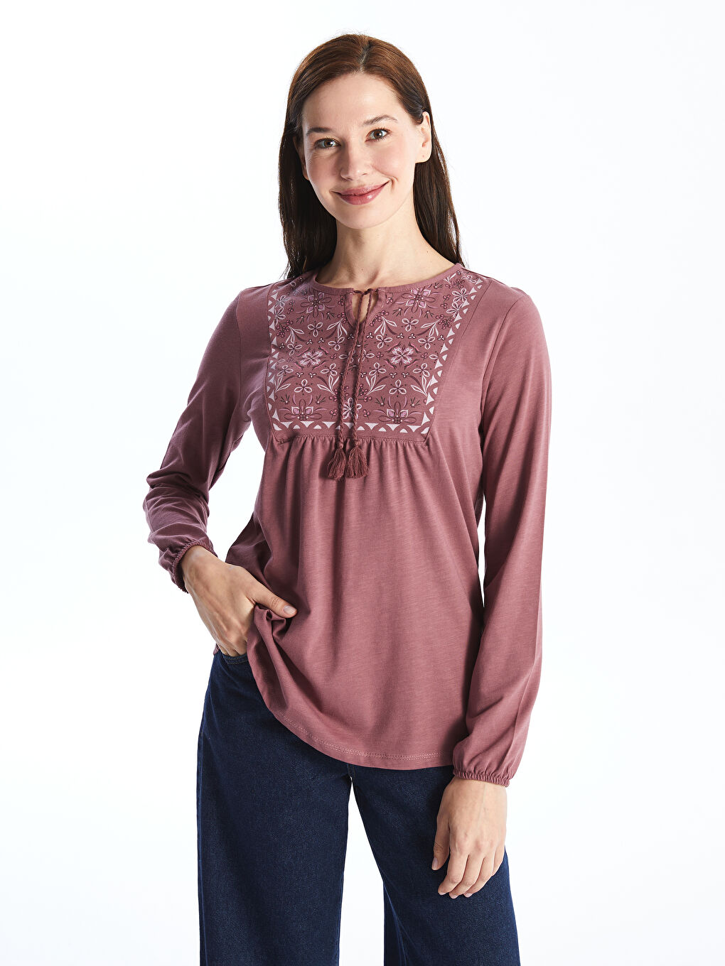 Tie Neck Patterned Long Sleeve Women's Blouse -S4GQ23Z8-H8W