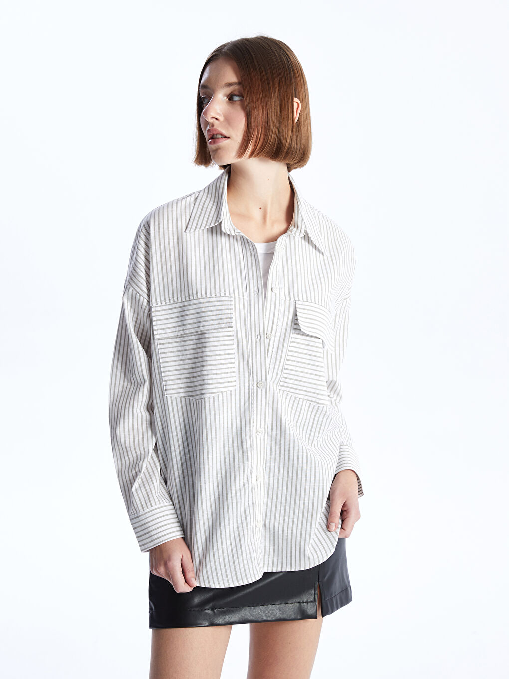 Striped Long Sleeve Oversize Women's Shirt -S4GQ40Z8-LFT
