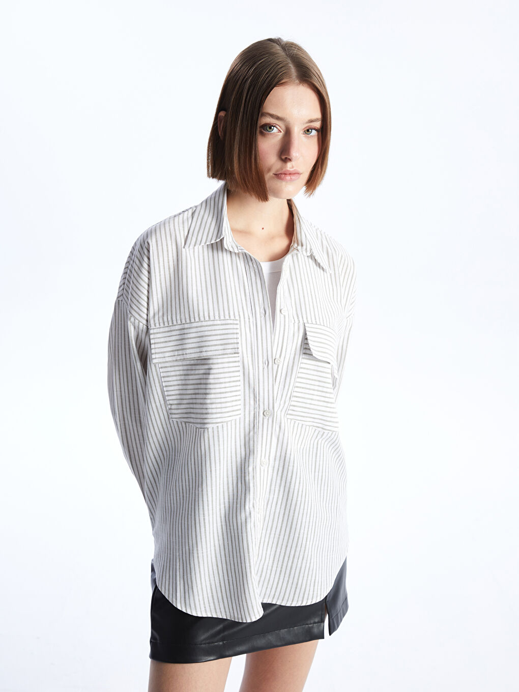Striped Long Sleeve Oversize Women's Shirt -S4GQ40Z8-LFT