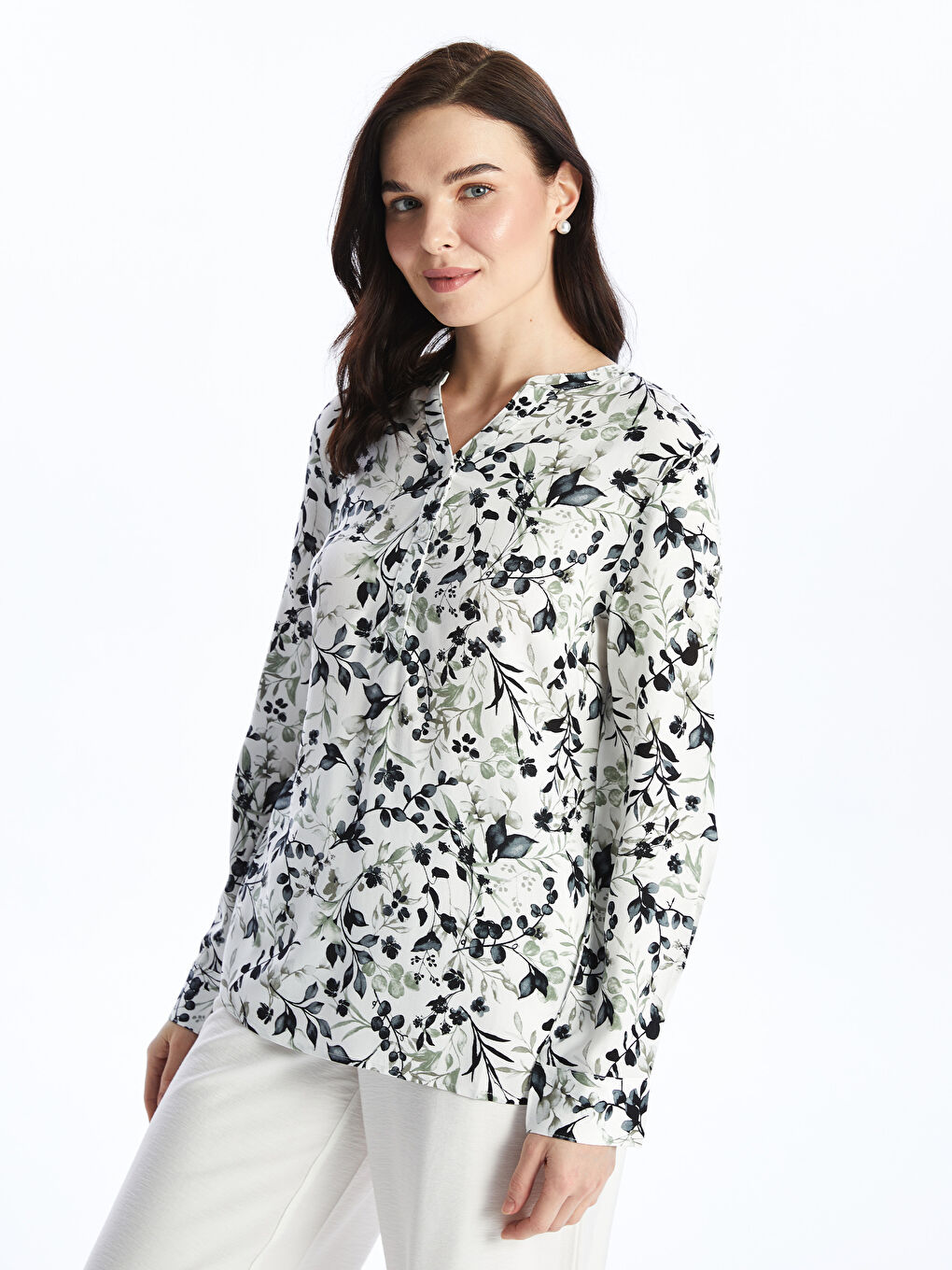 Notch Neck Patterned Long Sleeve Women's Blouse
