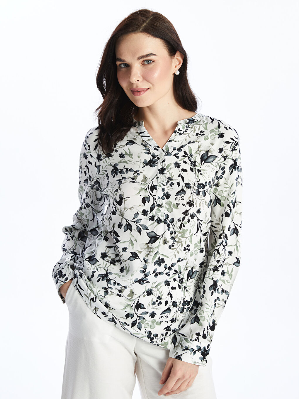 Notch Neck Patterned Long Sleeve Women's Blouse-1
