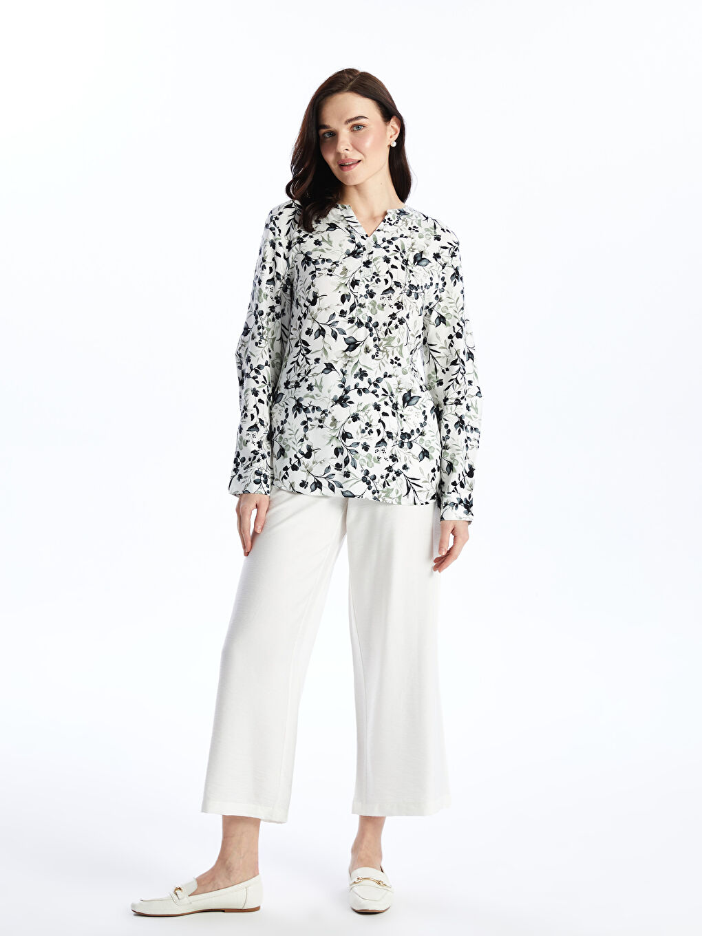 Notch Neck Patterned Long Sleeve Women's Blouse-2