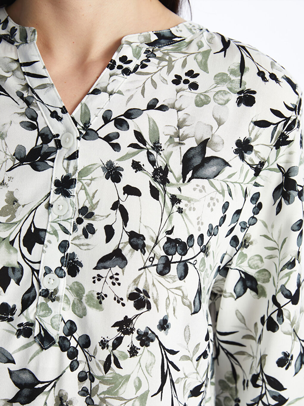 Notch Neck Patterned Long Sleeve Women's Blouse-3