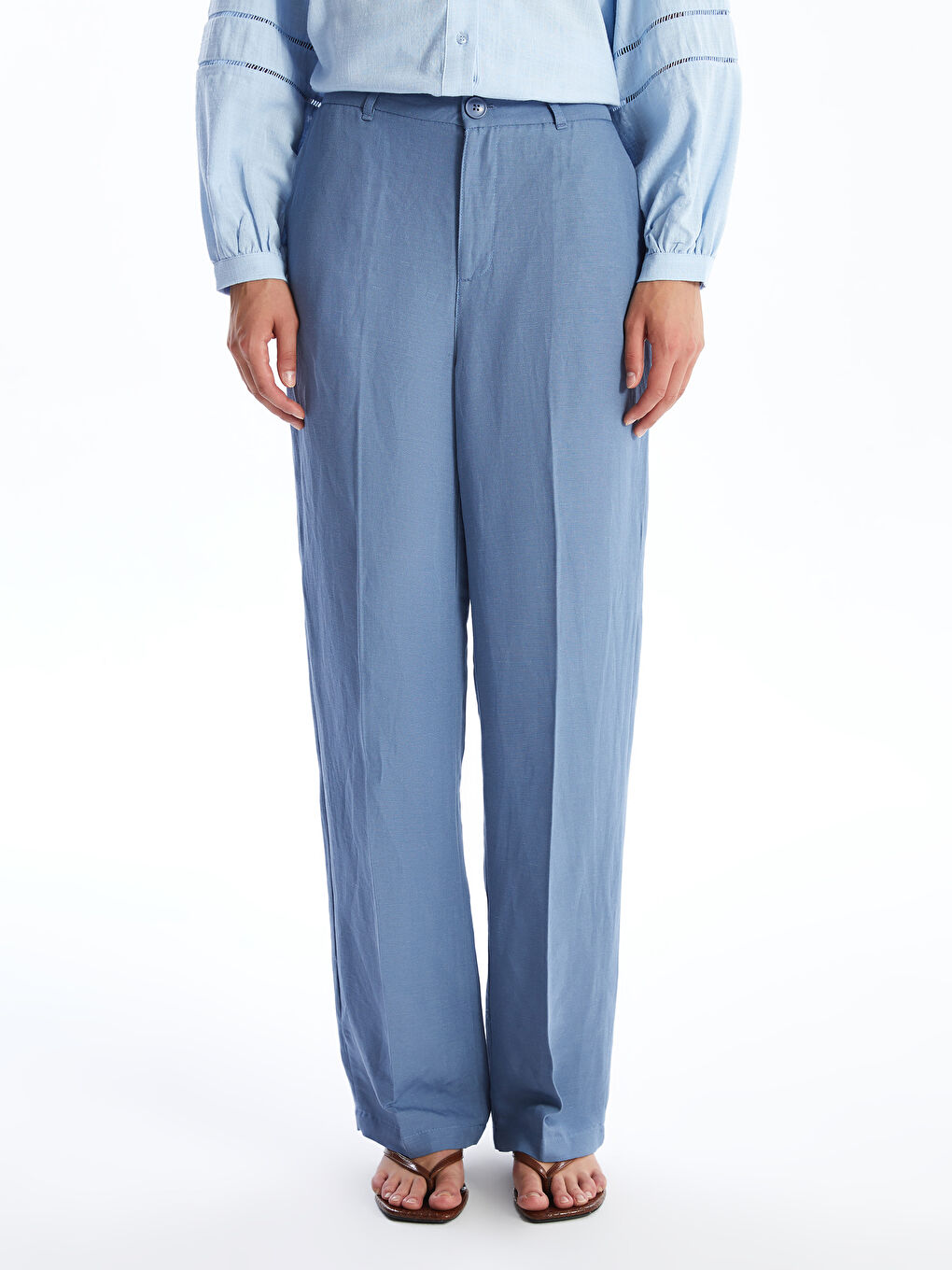 Lacivert Standart Kalıp Keten Pileli Kadın Pantolon-1