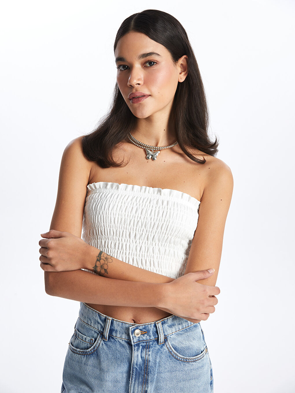 Beyaz Kadın Straplez Düz Crop