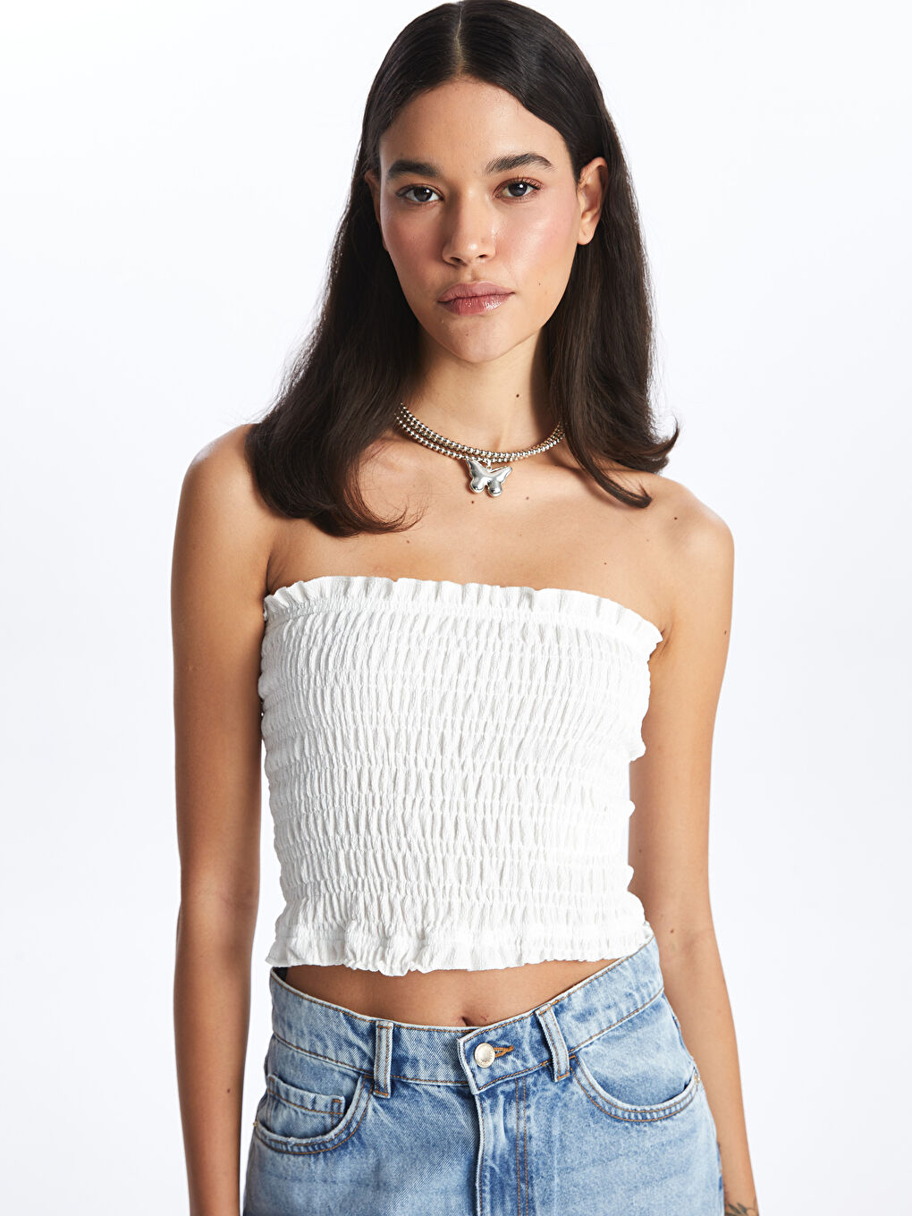 Beyaz Kadın Straplez Düz Crop-1