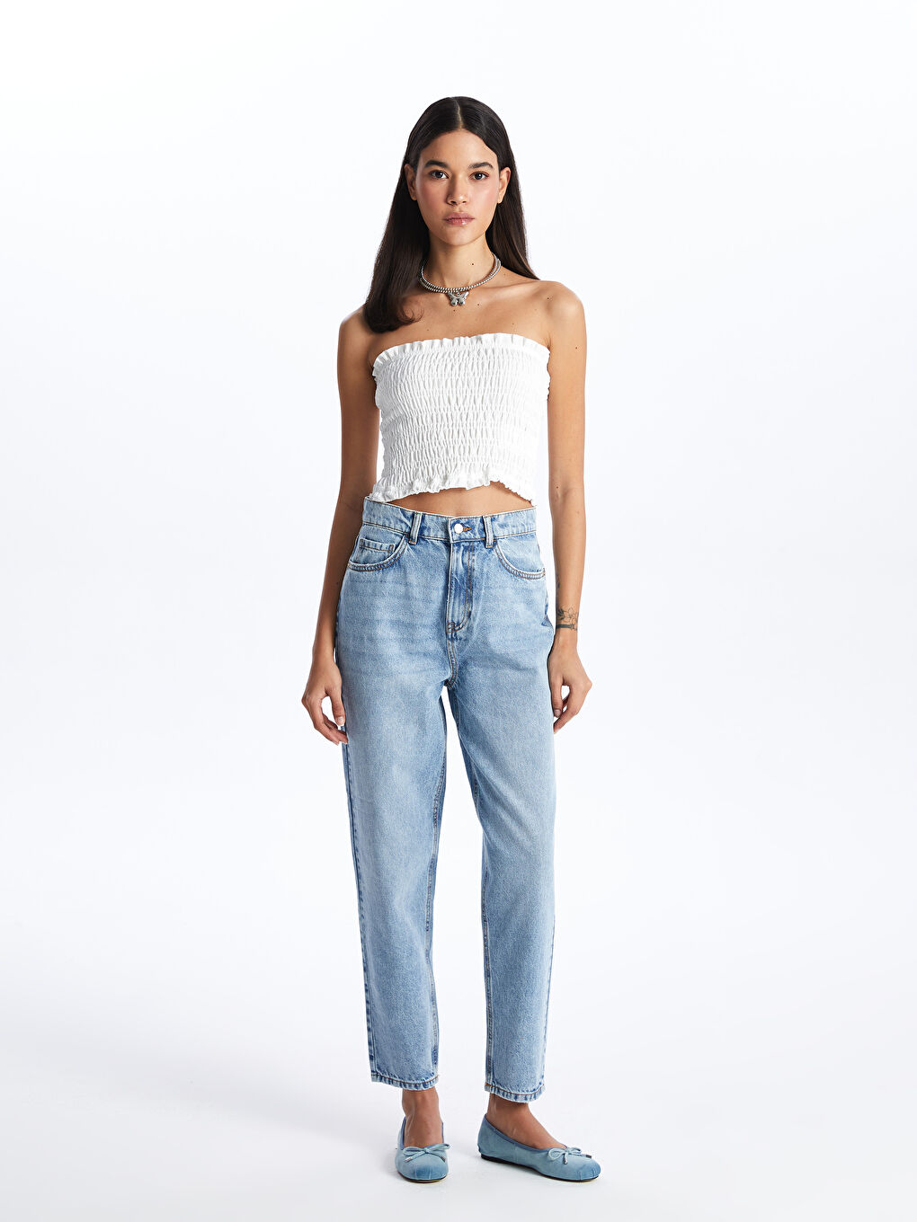 Beyaz Kadın Straplez Düz Crop-2