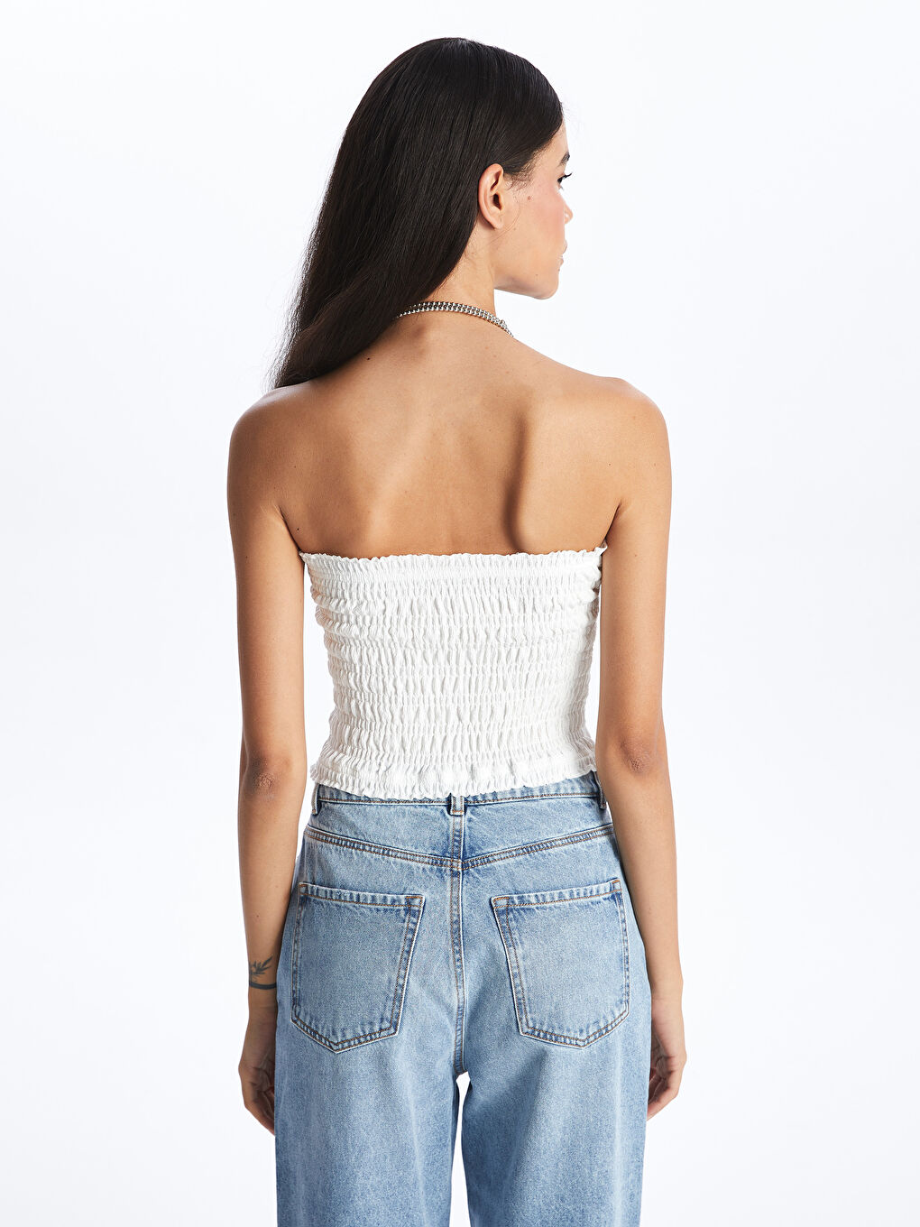 Beyaz Kadın Straplez Düz Crop-4