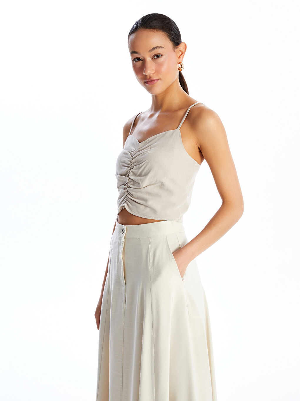 Sweetheart Neckline Straight Strap Linen Blend Women's Crop -S4GR62Z8-GD0
