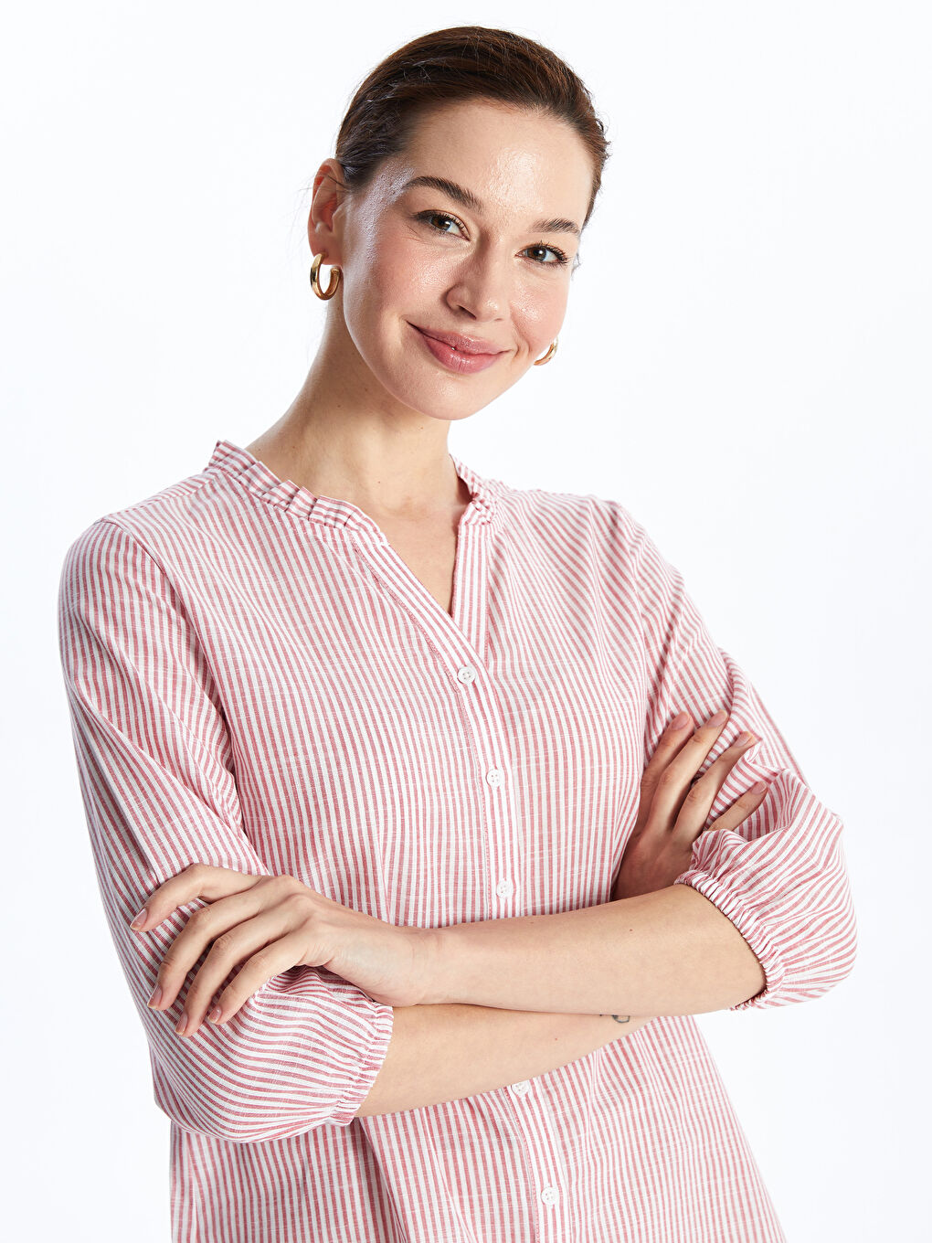 Notch Neck Striped Women's Blouse -S4GR74Z8-LHK
