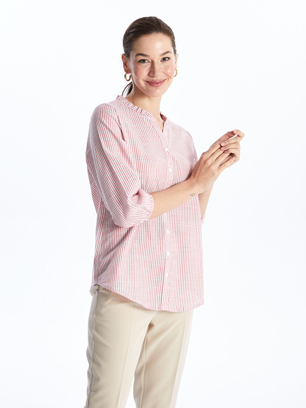 Notch Neck Striped Women's Blouse -S4GR74Z8-LHK