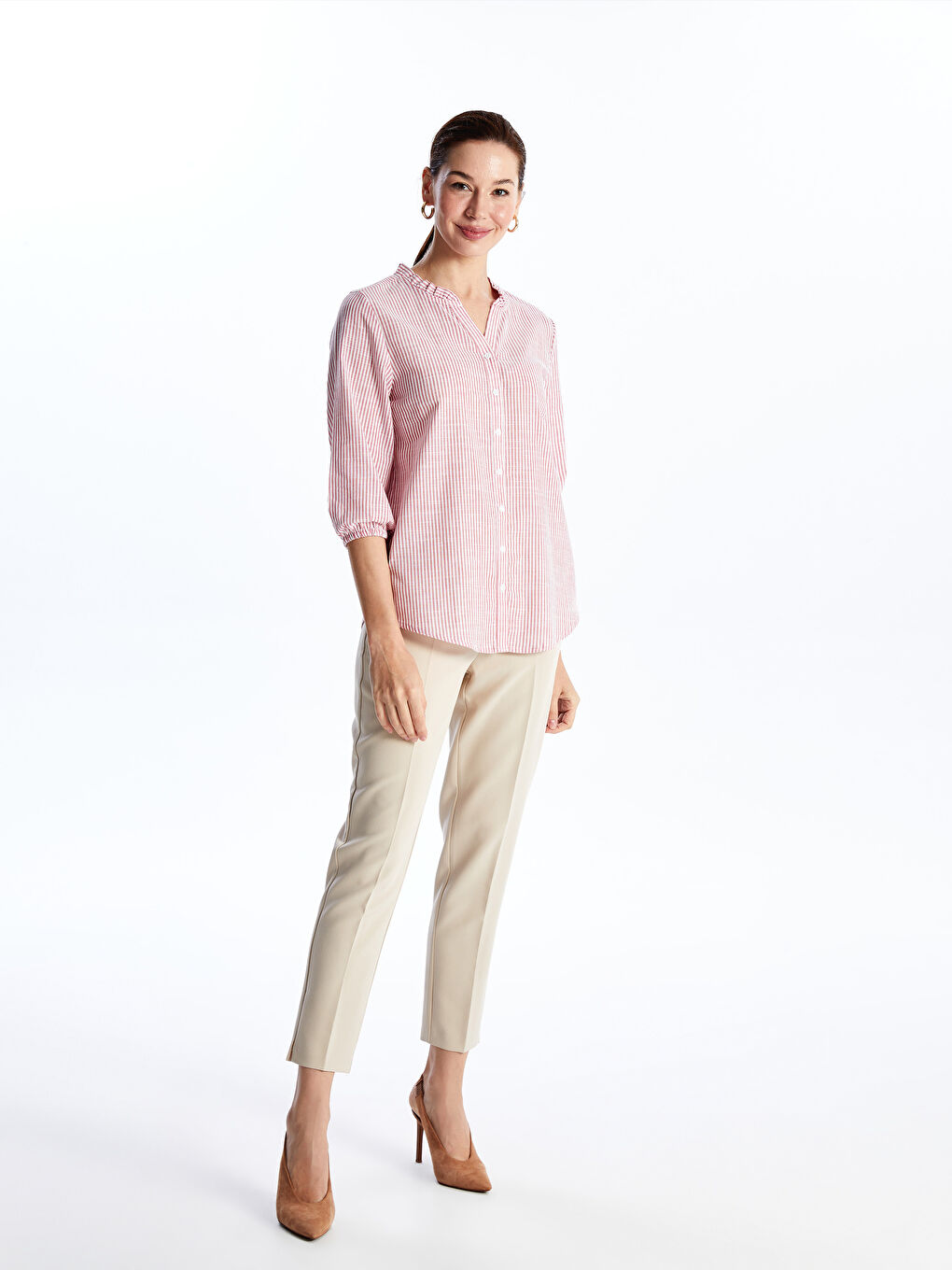 Notch Neck Striped Women's Blouse -S4GR74Z8-LHK