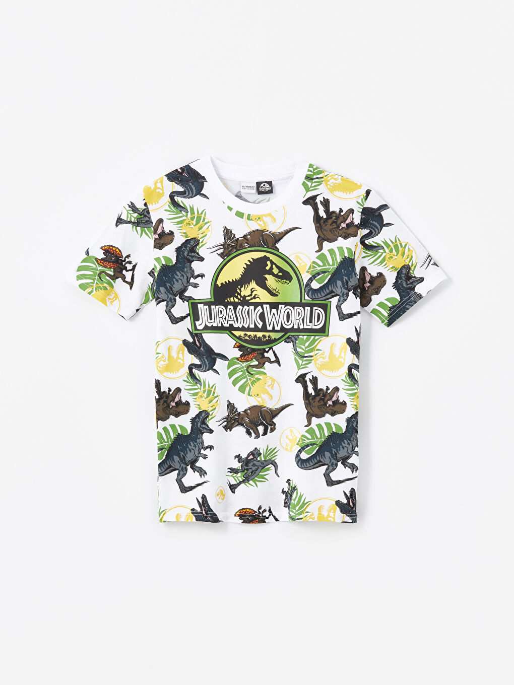 Beyaz Bisiklet Yaka Jurassic World Baskılı Kısa Kollu Erkek Çocuk Tişört