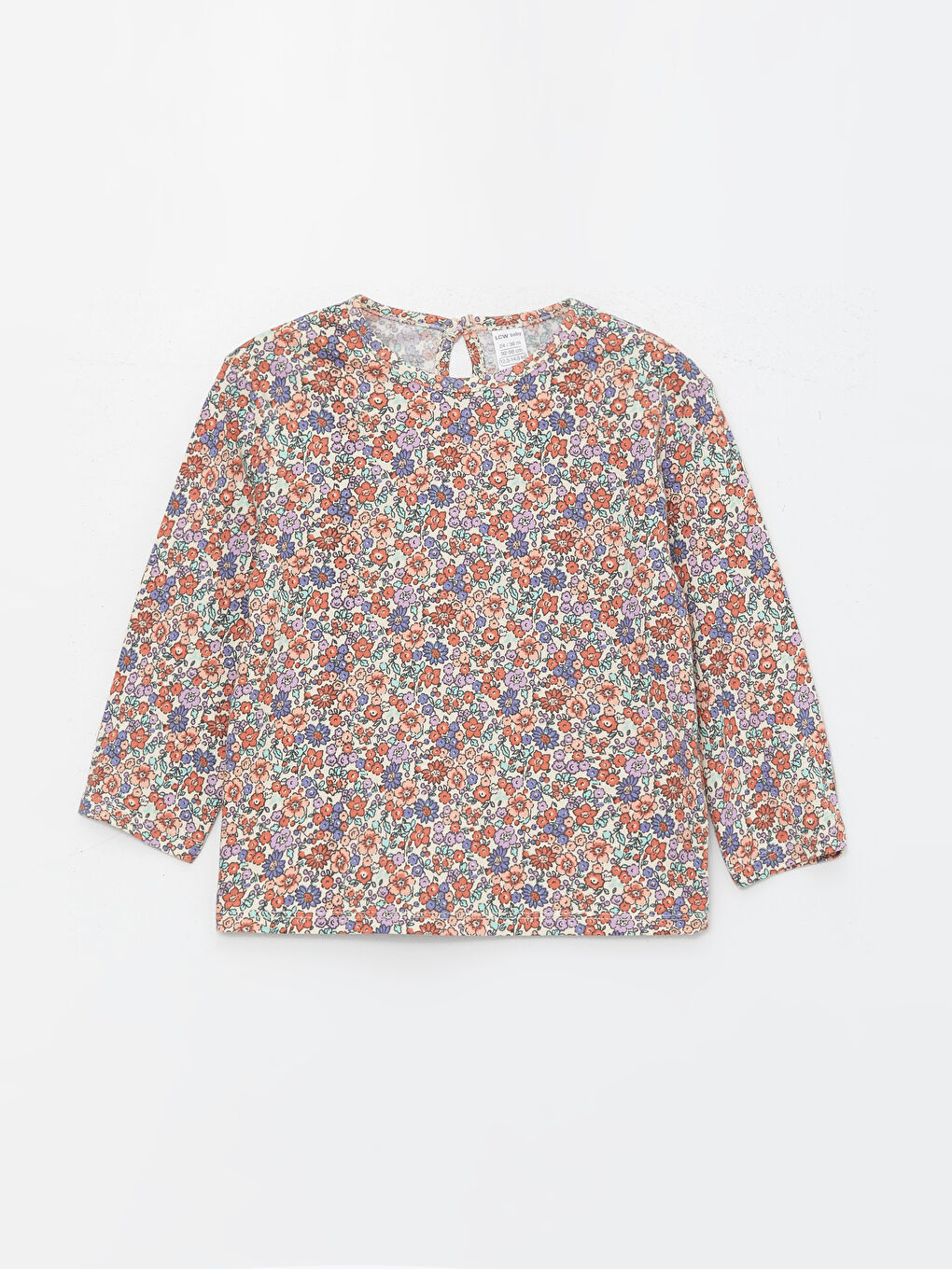 Ekru Bisiklet Yaka Çiçekli Uzun Kollu Kız Bebek Tişört