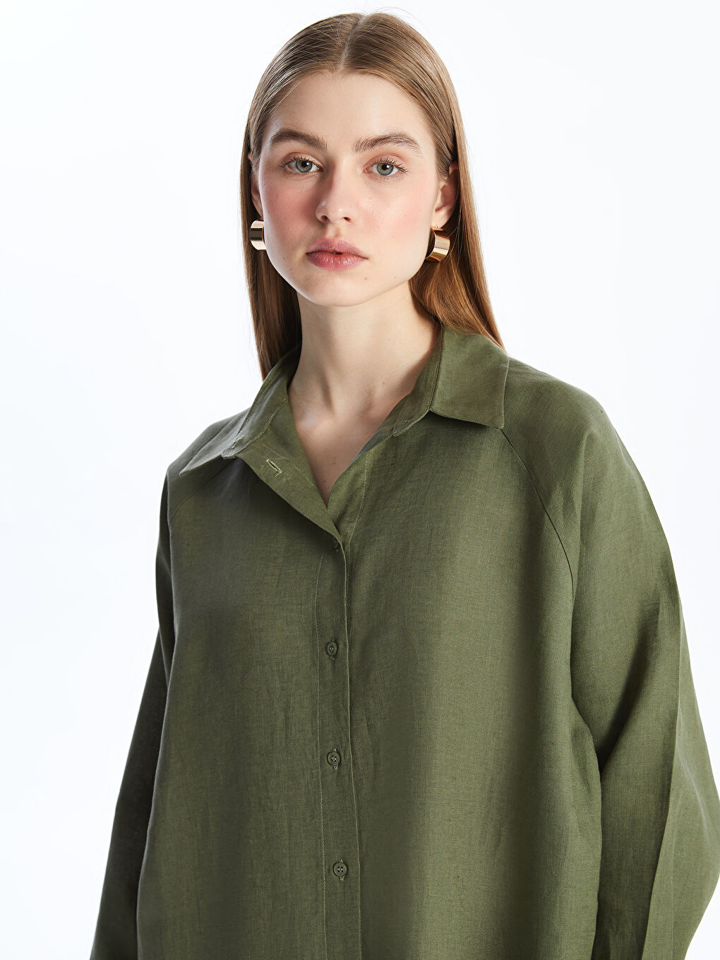 Yeşil Oversize %100 Keten Kadın Gömlek-3