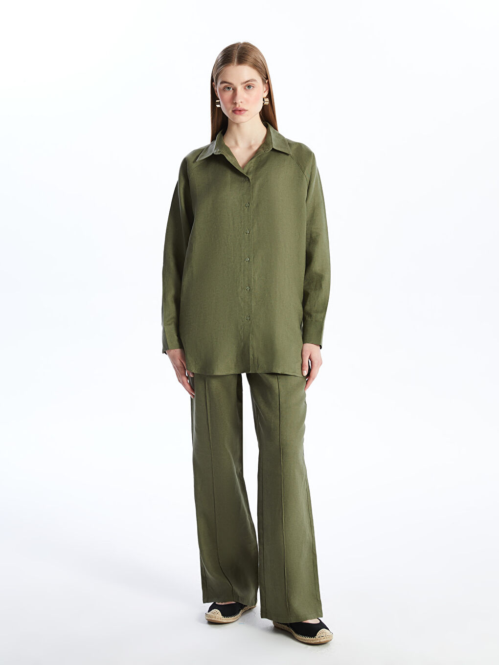 Yeşil Oversize %100 Keten Kadın Gömlek-5