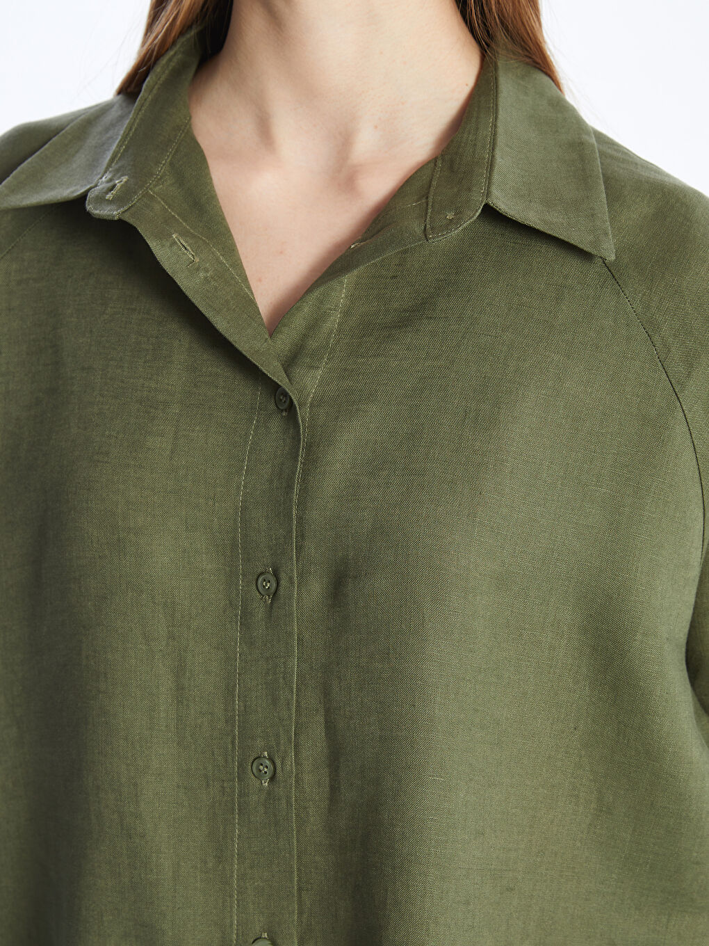 Yeşil Oversize %100 Keten Kadın Gömlek-7