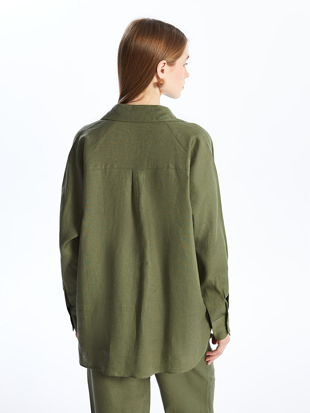 Yeşil Oversize %100 Keten Kadın Gömlek-8