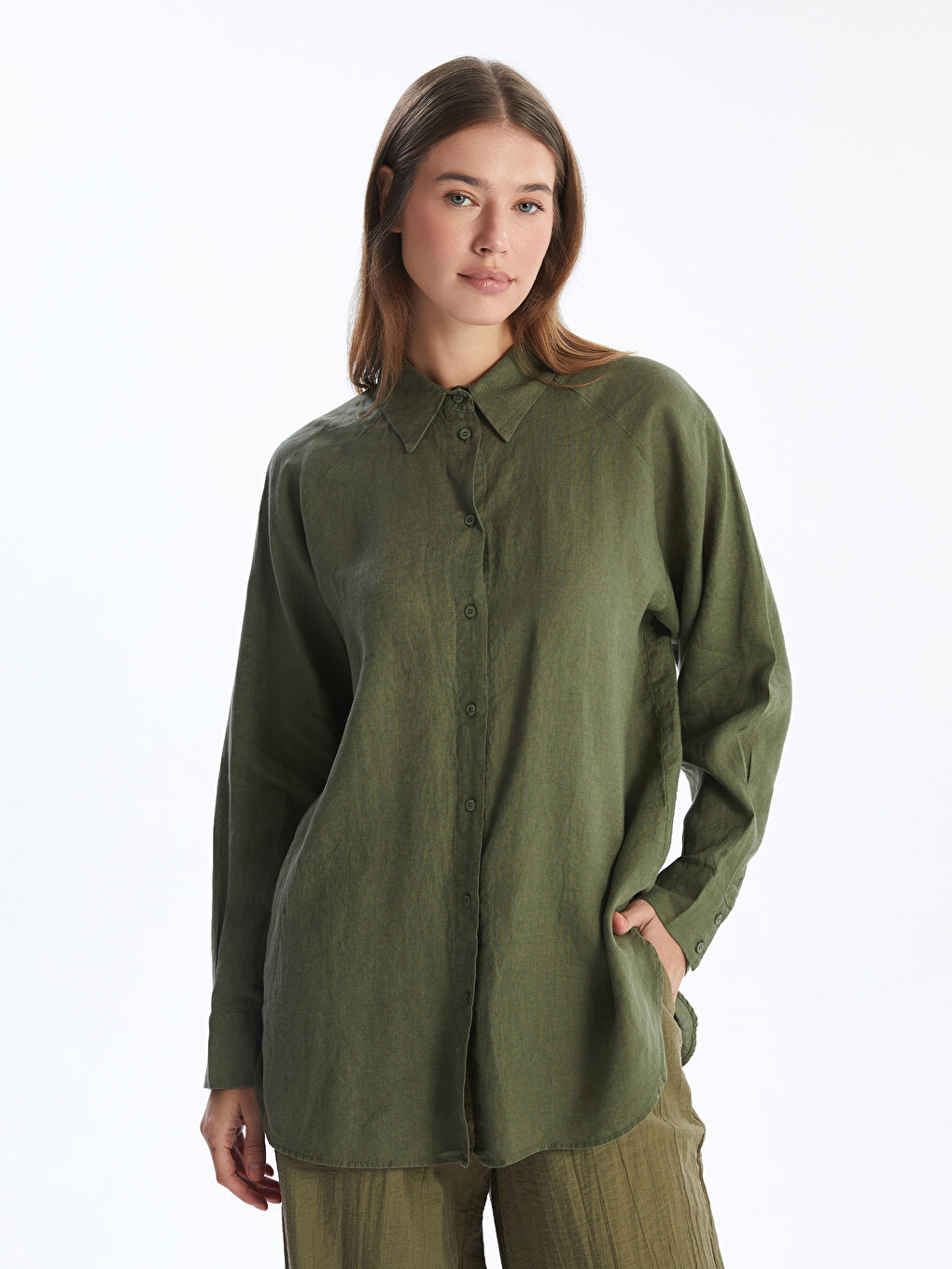 Yeşil Oversize %100 Keten Kadın Gömlek