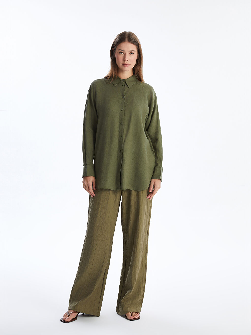 Yeşil Oversize %100 Keten Kadın Gömlek-2