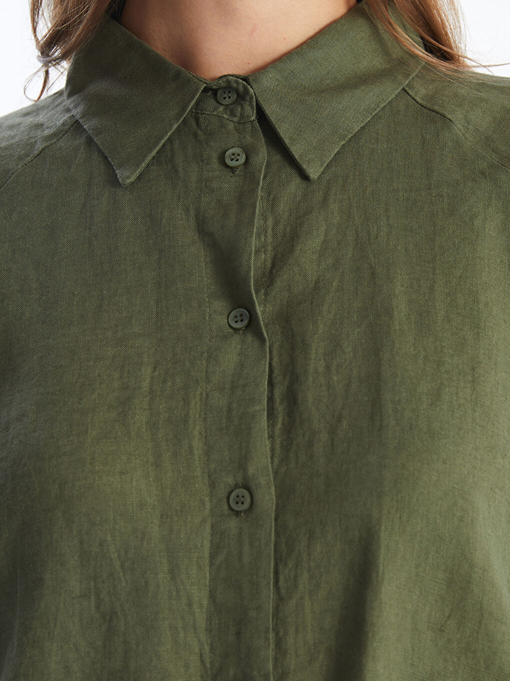 Yeşil Oversize %100 Keten Kadın Gömlek-4
