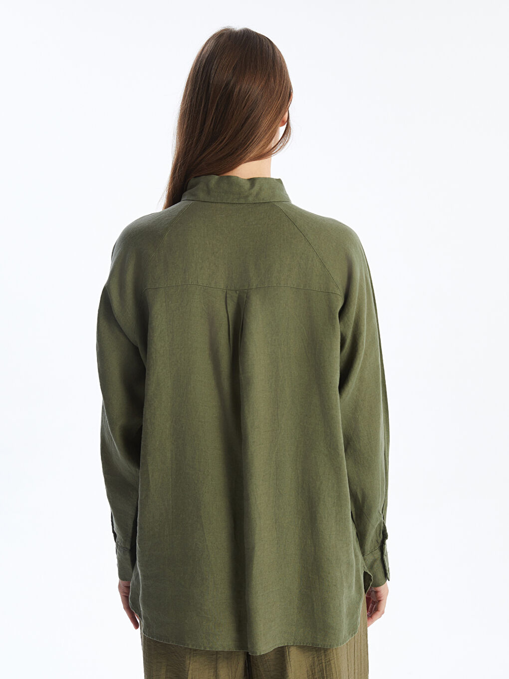 Yeşil Oversize %100 Keten Kadın Gömlek-6