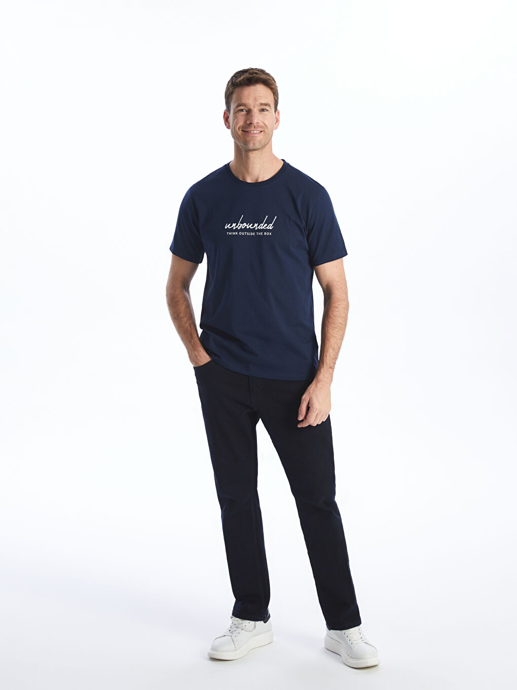 Lacivert Bisiklet Yaka Kısa Kollu Baskılı Penye Erkek Tişört-1